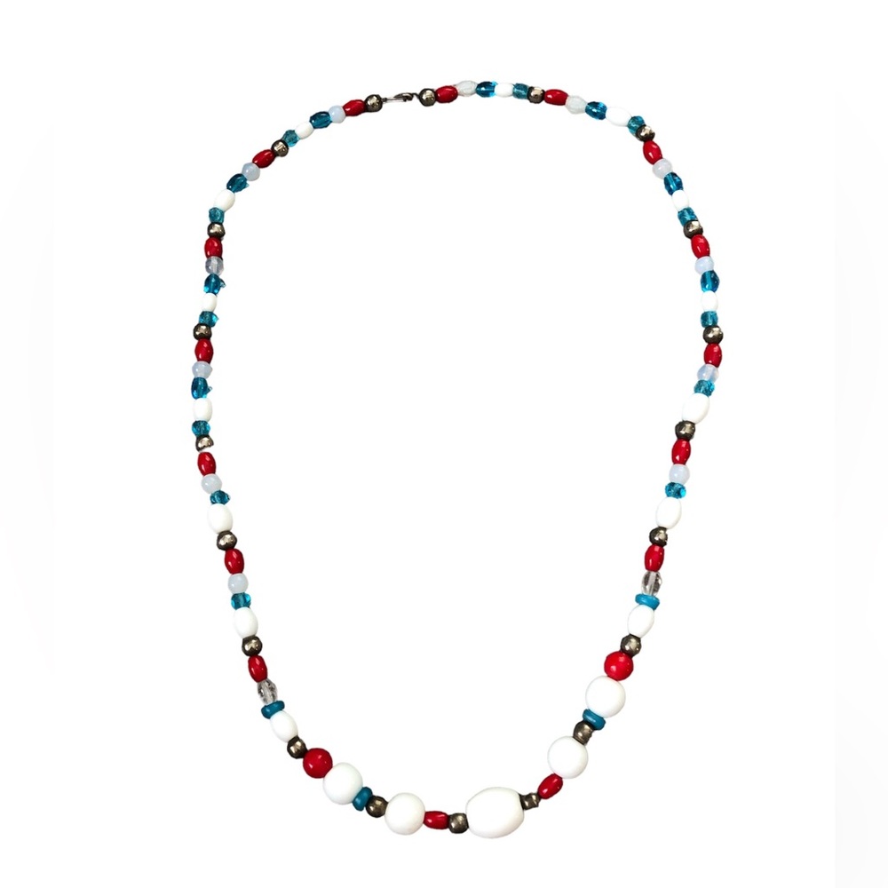 Multicolor Red White Blue Beaded Vintage Necklace